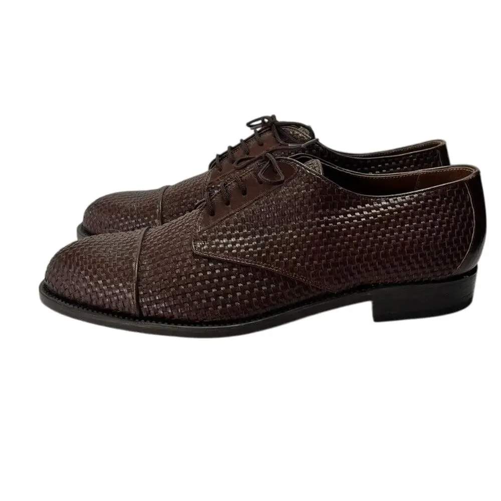 Handmade Shoes Mens Oxfords Basket Woven Leather Cap Toe Lace Up